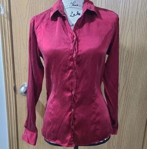 Gerard Darel Red Burgundy Elegant Silk Button Up Shirt